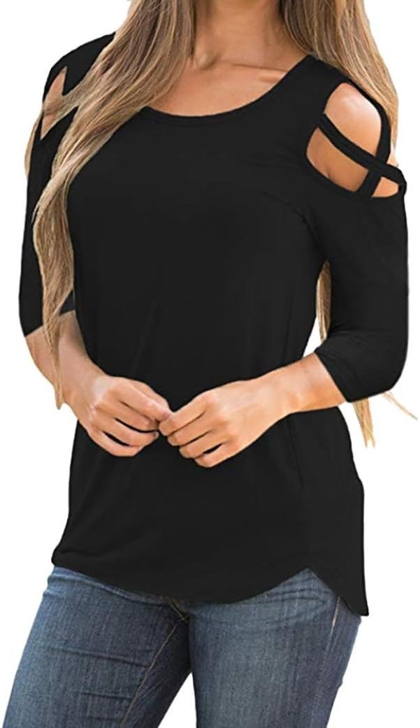 Women Summer Short Sleeve Strappy Cold Shoulder T-Shirt Tops