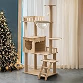 54-Inch Cat Tower,Multi-Level Pure Wood-Modern Cat Tree Tower with Condo, Cat Stairs, Bowl,9 Sisal Scratching Posts, Top Perch, Toy Balls,Cat Tree for Indoor Cats Large Adult (KT-1022)