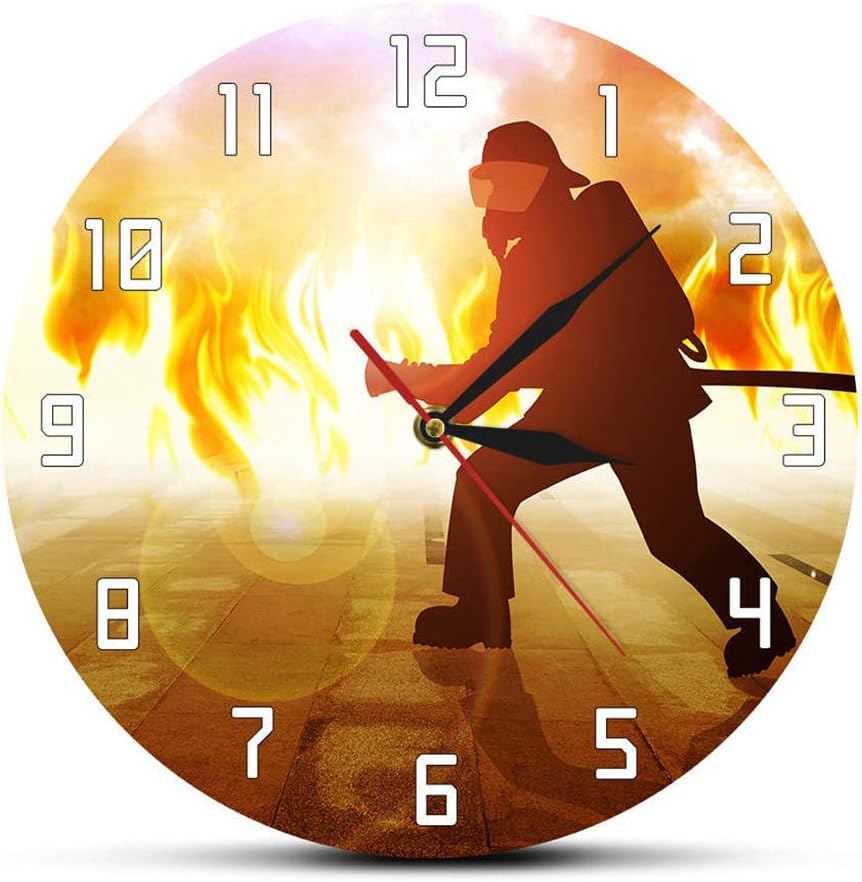 Zdtxkj Firefighter Fighting A Fire Custom Clock Duty Calls Firemen in Flames Personalised Text Modern Wall Clock Fire Dept Office Decor