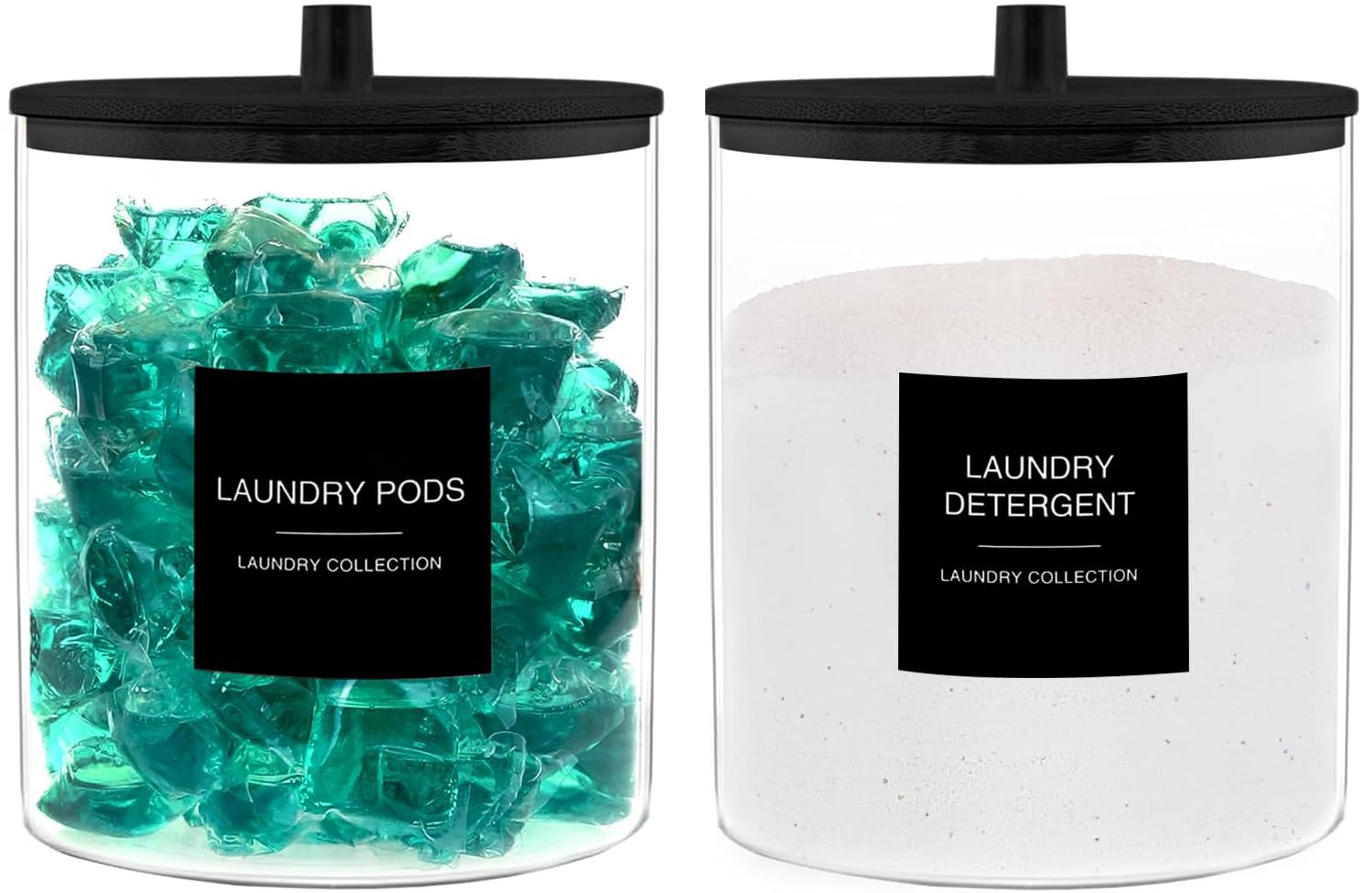 Photo 1 of (USED/FAIR) TIPGO Glass Jars for Laundry Room Organization, Laundry Pods Container with 27 Labels, Detergent Holder with Bamboo Lid, Cute Storage Jars, Black (Set of 2)