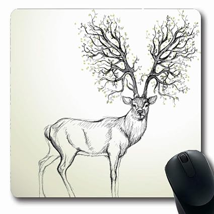Ahawoso Mousepad Oblong 79x98 Inches Hand Green Drawing Deer Antler Like Tree Fun Realistic Sketch Gray Line Abstract Pencil Design Office Computer