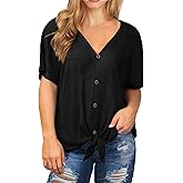 OLRIK Womens Plus Size Tops Short Sleeve V Neck Waffle Knit Tunic Blouse Tie Front Button Up T Shirts