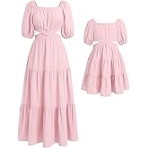 AWIBMK Mommy and Me Dresses Square Neck Solid Color Ruffled Dress with Pockets Summer Cutout Waist Tiered Matching Outfits