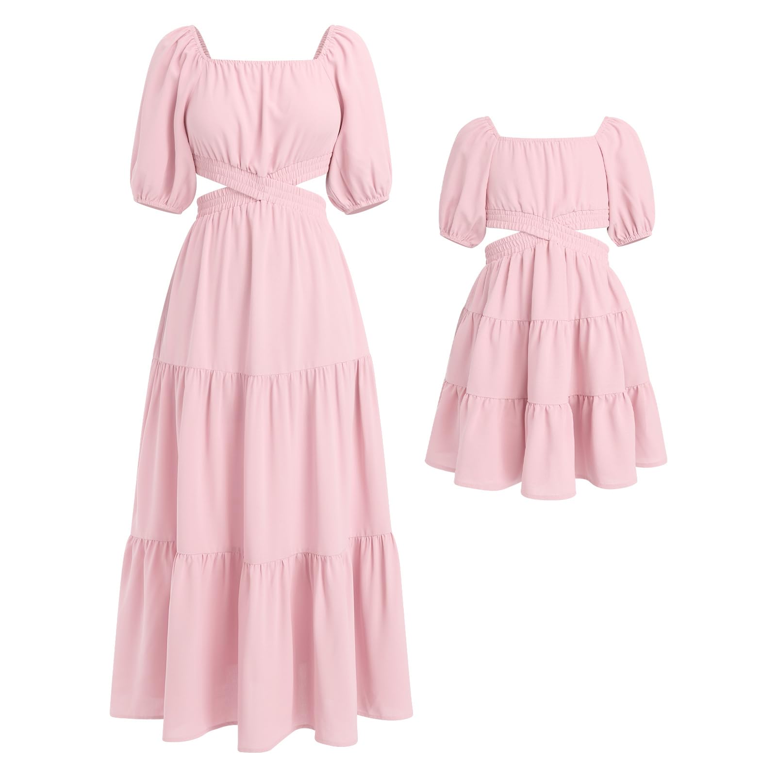 Photo 1 of (MOM DRESS ONLY) (MEDIUM) (BAGGED) Mommy and Me Matching Dresses Solid Color Ruffled Short Puff Sleeve Midi Hawaiian Vacation Beach Dress with Pockets Summer Square Neck Cutout Waist Tiered Mom Daughter Outfits Pink M