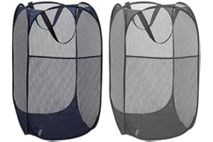 POSHIGE 2 Pack Pop Up Collapsible Laundry Baskets, Foldable Mesh Popup Laundry Hamper with Reinforced Carry Handles, Folding Pop-Up Clothes Hampers are Great for Kids Room, College Dorm or Travel (Blue+Grey)