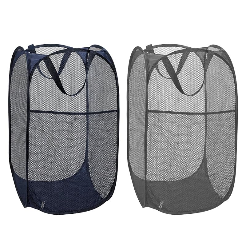 Collapsible Laundry Baskets,Foldable Mesh Laundry Washing Basket,Laundry Pop up basket with Handles,Laundry Hamper with Side Pocket for Bathroom,Bedroom Clothes Tidy Storage(Blue+Grey)(2 Pack)