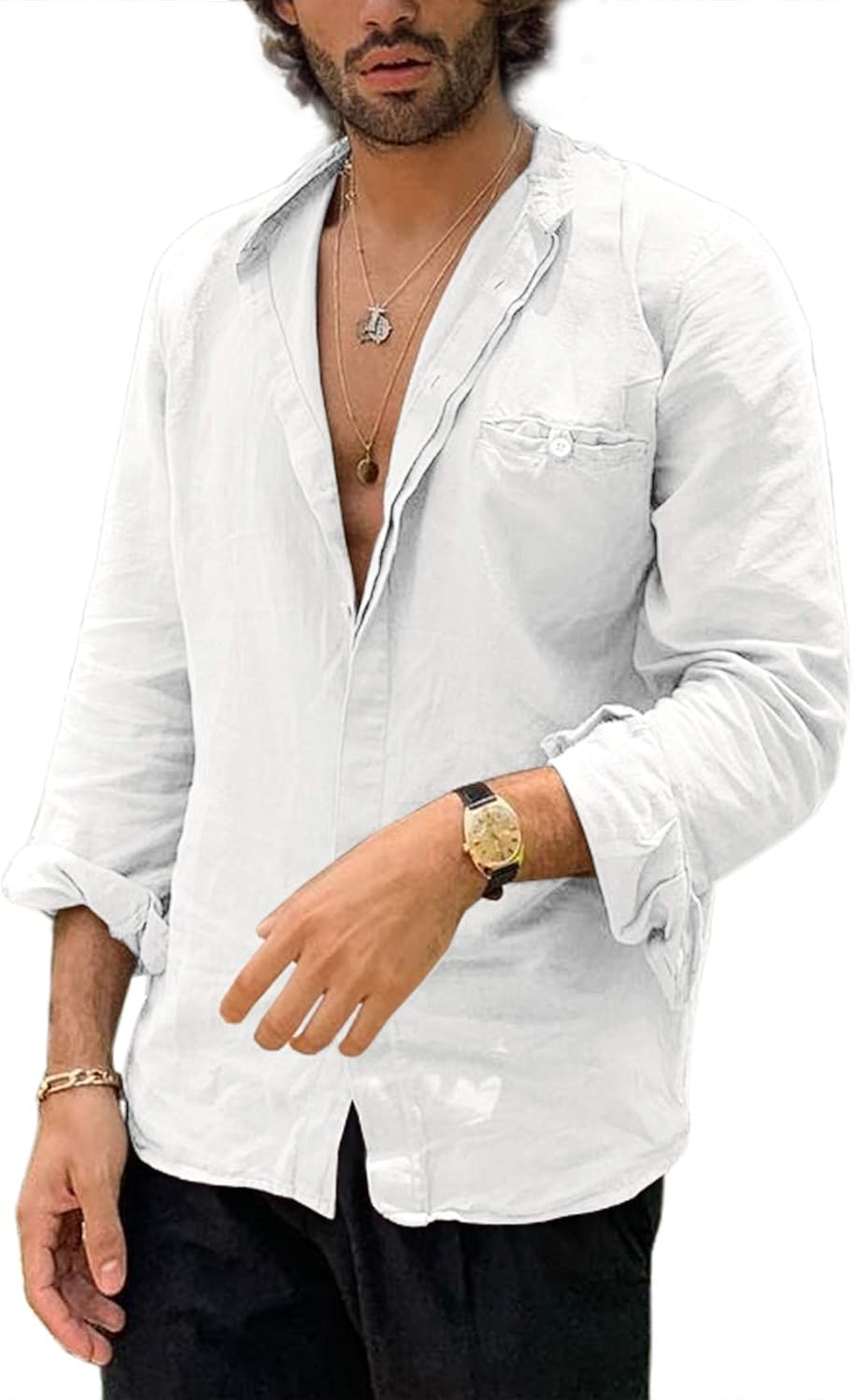 Men's Linen Shirts Casual Button Down Long Sleeve Loose Summer Shirts