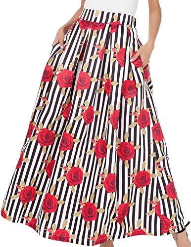 NINEWE Women's Sexy Rose Floral Print Pockets Long Party Skirts Dress Striperose 6