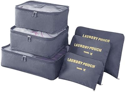 Organizador de Equipaje, 6 en 1 Set de Organizadores de Viajes, Impermeable Organizador de Maleta Bolsa Incluir 3 * Cubos del Embalaje del Recorrido y 3 * Bolsos de la Compresión (Gris)