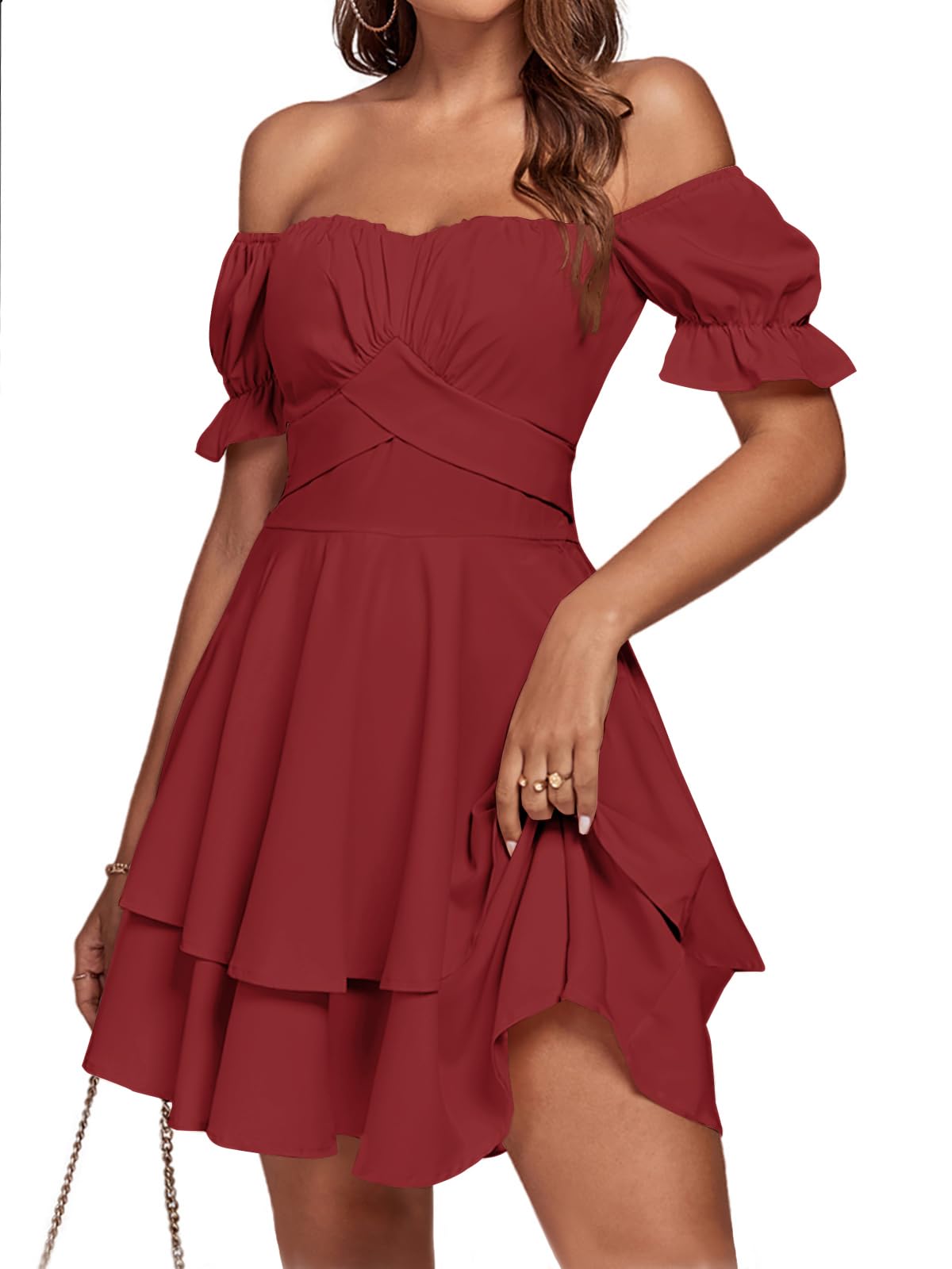 Photo 1 of LYANER Women's Off Shoulder Tie Back Wrap Layer Ruffle Short Sleeve Mini Dress Solid Wine Red Small