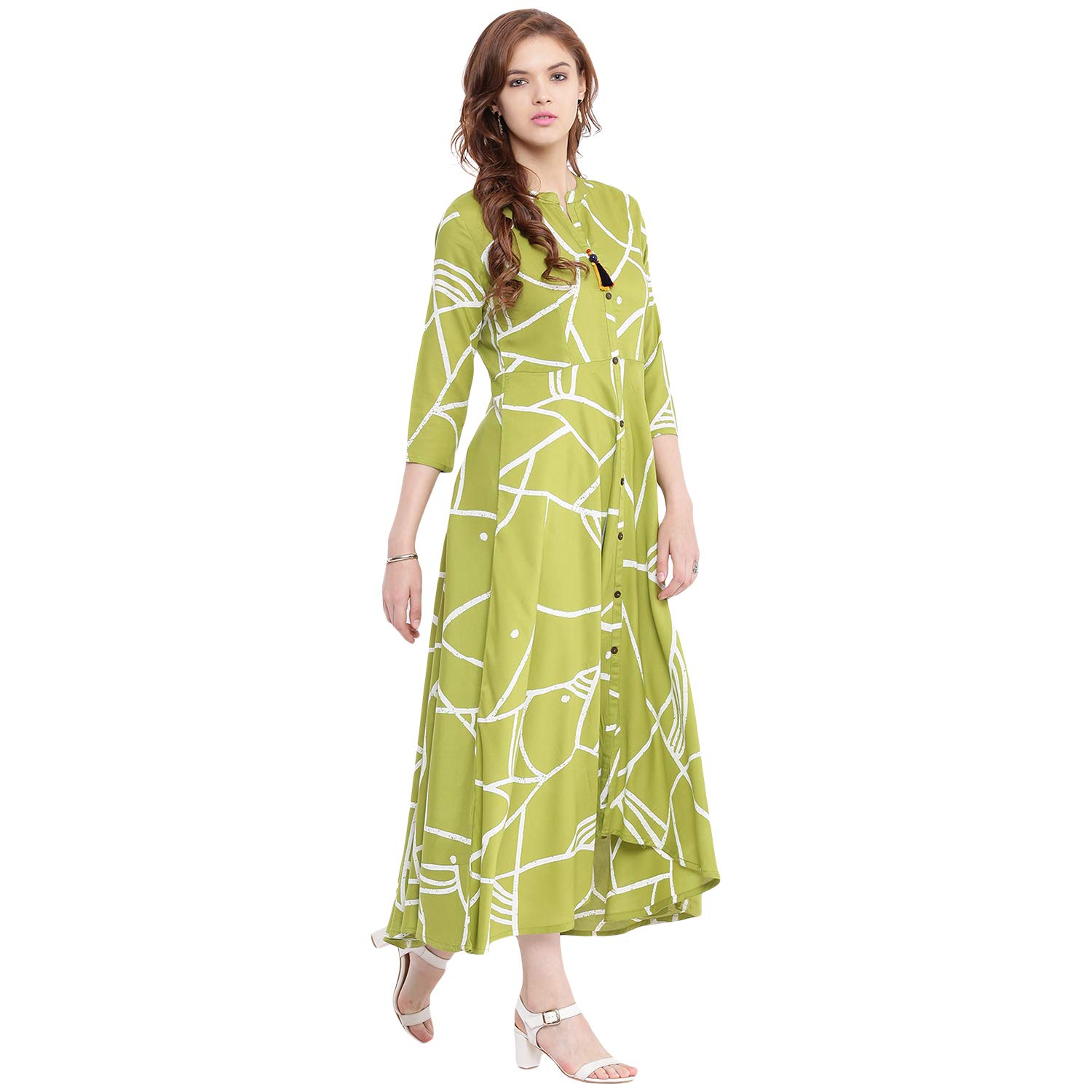 voom women's printed flared kurta (green)