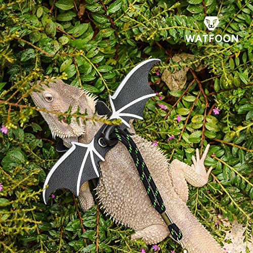 WATFOON Adjustable Bearded Dragon Lizard Comfort Leather Leash Harness with Cool Wings for Reptiles Amphibians Leopard Gecko Anole and Other Small Pet Animals (L, Black Green)