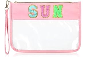 SOIDRAM SUN Bag Chenille Letter Makeup Bag Clear Travel Zipper Nylon cosmetic Pouch Organizer Sunscreen Toiletry Bag Waterproof summer Travel Gifts for women