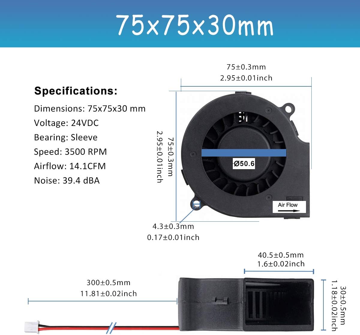 GDSTIME 24V 75mm x 30mm Blower Cooling Fan DC Brushless Centrifugal ...
