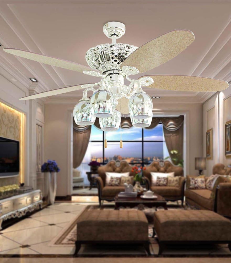 Huston Fan European-style Dining Room Bedroom Living Room Mute Reversible 56'' Ceiling Fan Light With 5 Plated Silver Fireworks Glass Lampshade Household Led Remote Electric Chandelier