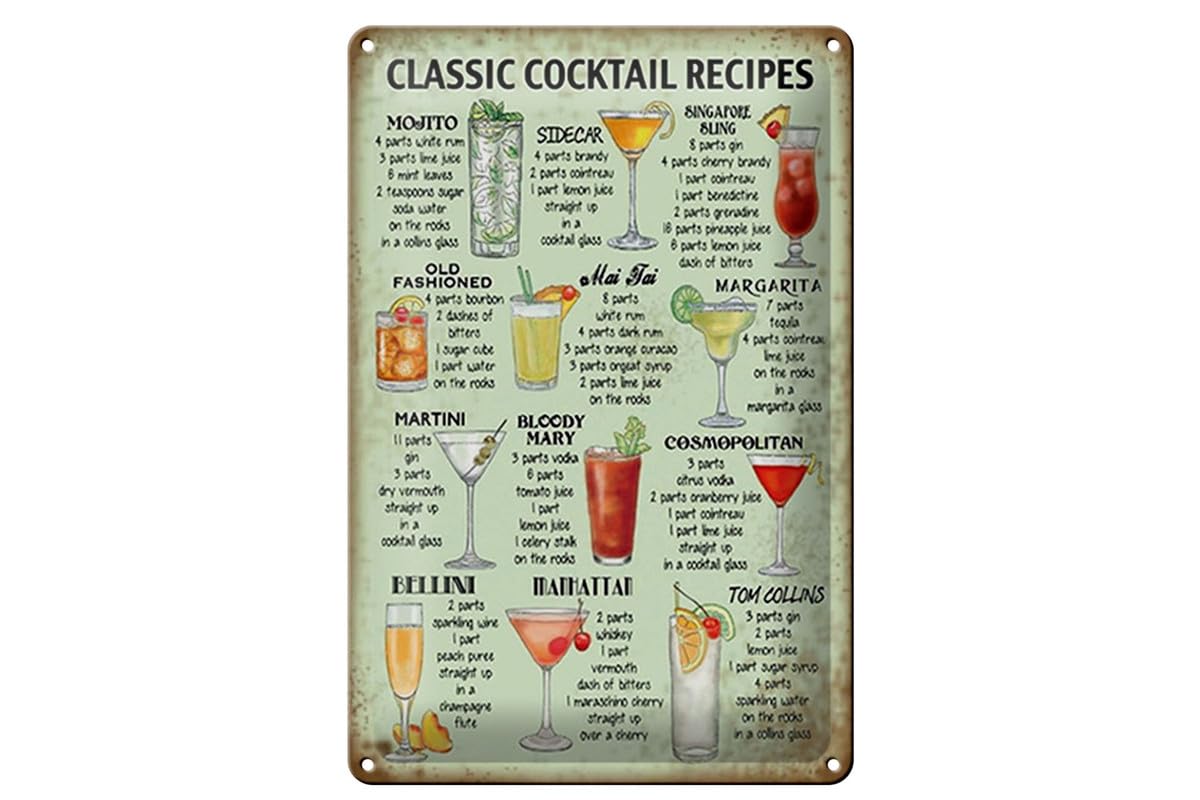 Classic Cocktail Recipe Tin Sign 20 x 30 cm Curved Classic Bar Party Decoration Gift