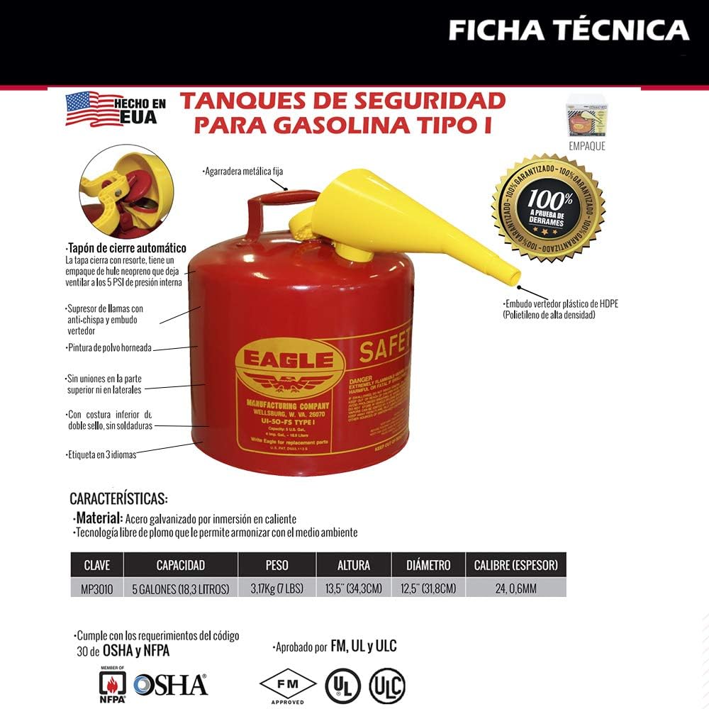 Eagle UI-50-FS Red Galvanized Steel Type I Gasoline Safety Can with Funnel, 5 gallon Capacity, 13.5" Height, 12.5" Diameter, Red/Yellow: Hazardous Storage Cans: Industrial & Scientific
