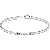 by you Inspirational Positive Message Engraved Thin Cuff Bangle Hook Bracelet (NO Excuses -Silver, Brass)