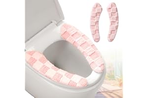 Iensen Thick and Warm Plush Toilet Seat Cover – Washable, Reusable Cushion with TPR Adhesive & Checkered Pattern for Comfort & Insulation (Pink)