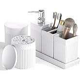InnJoey 6-Piece White Bathroom Set - Modern Resin Bathroom Accessories Set with Soap Dispenser, Toothbrush Holder, Vanity Tray, Tumbler & Apothecary Jars for Small Spaces