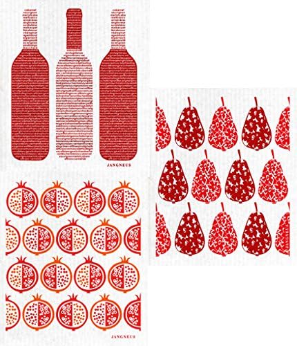 Swedish Dishcloth - Set of 3 (FR) RED Fruits: Pomegranate + Pears + Burgundy Wine