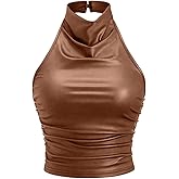 Milumia Women's Y2k PU Leather Crop Tank Top Halter Draped Neck Ruched Sleeveless Slim Fit Vest
