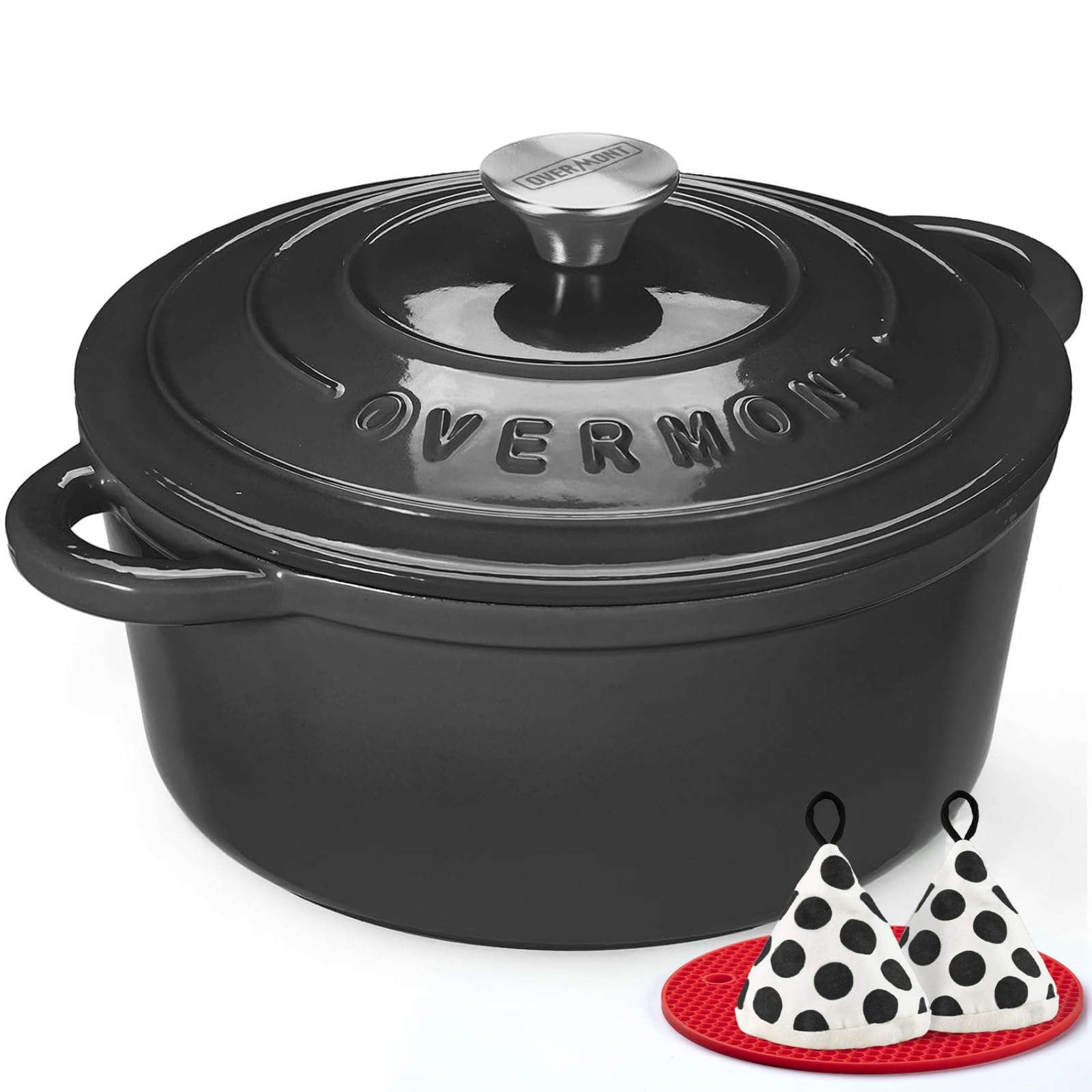 Overmont Enameled Cast Iron Dutch Oven - 5.5QT Pot with Lid Cookbook & Cotton Potholders - Heavy-Duty Cookware for Braising, Stews, Roasting, Bread Baking Graphite Gray Image Overmont Enameled Cast Iron Dutch Oven - 5.5QT Pot with Lid Cookbook & Cotton Potholders - Heavy-Duty Cookware for Braising, Stews, Roasting, Bread Baking Graphite Gray Image