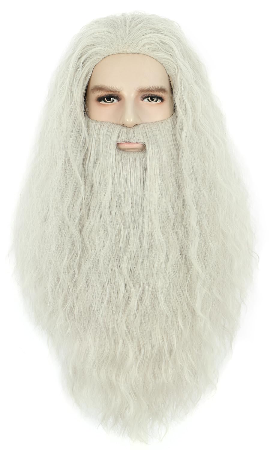 karlery Men Long Curly Grey Wizard Wig and Beard Halloween Cosplay Costume Accessory Wig