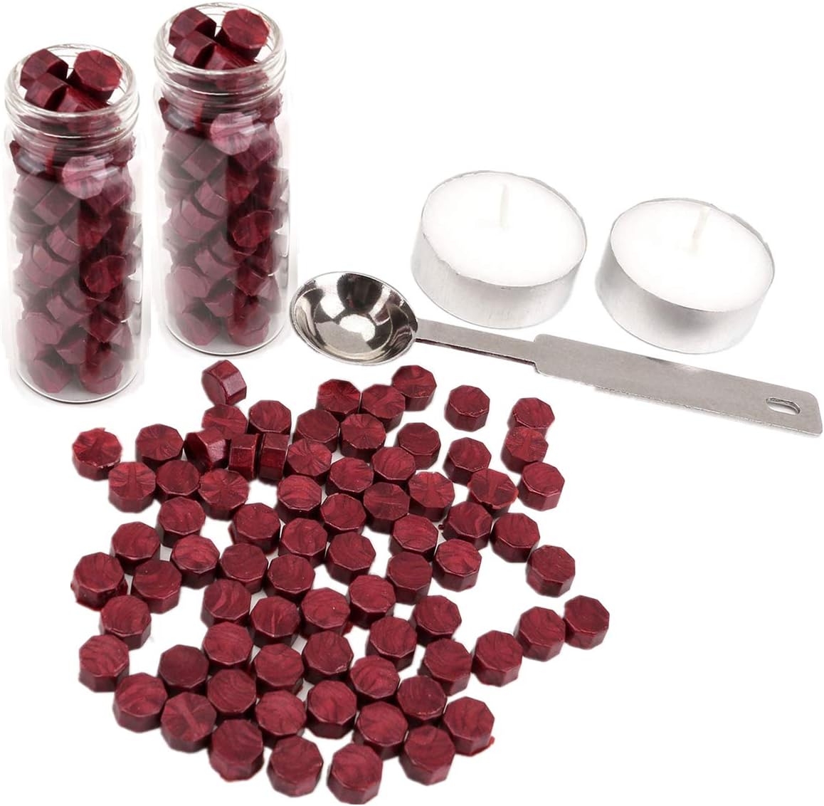 Mornajina Wax Seal Beads, 150 Pieces Octagon Sealing Wax Sticks Beads with Candle Melting Spoon for Wax Seal Stamp (Flashing Wine Red)