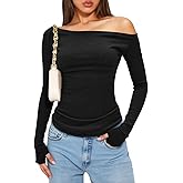 Yousify Womens Ribbed Off The Shoulder Tops Long Sleeve Going Out Tops Cute Slim Fit Shirts with Thumb Holes