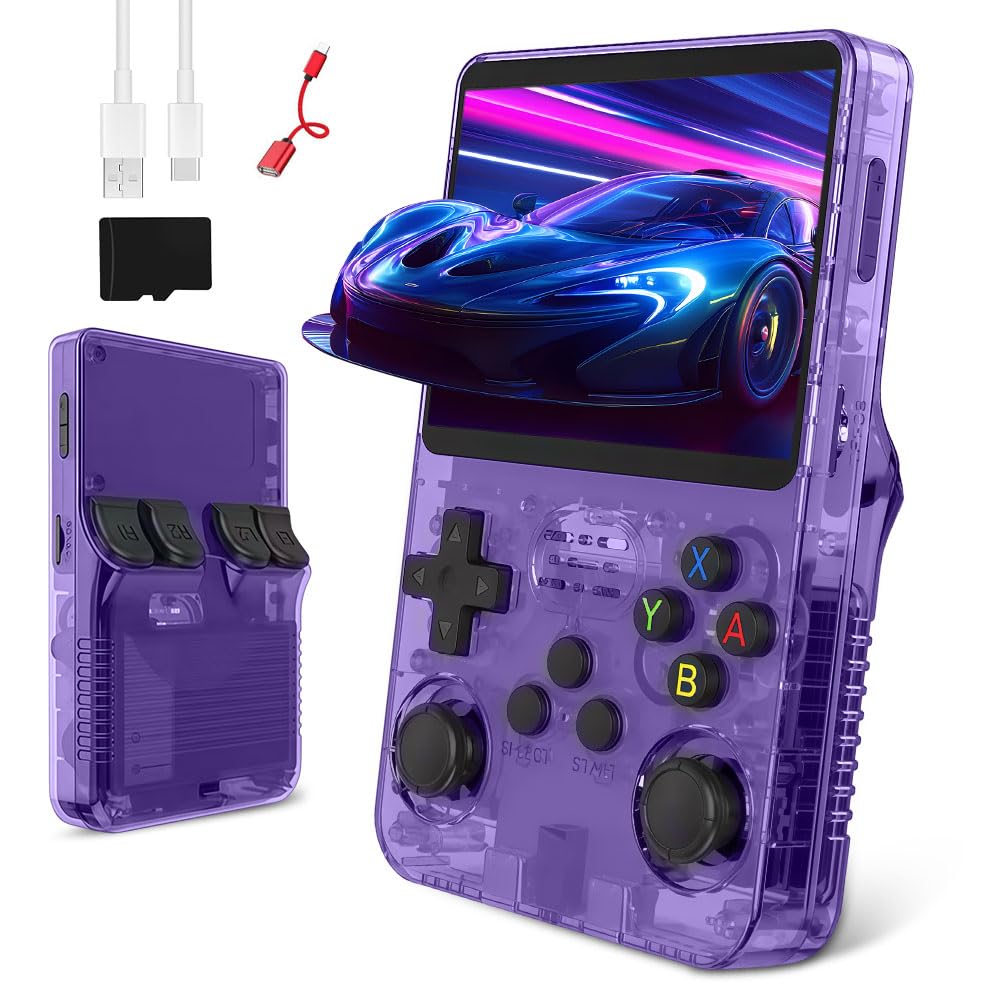 WDKXCN R36s Handheld Game Console, 3.5 In Screen Linux System Retro Games Console Handheld, R36s Game Console with 64G TF Card, 3500 mAh Portable Games Console Built-in 15000+ Classic Game(Purple) — image 1