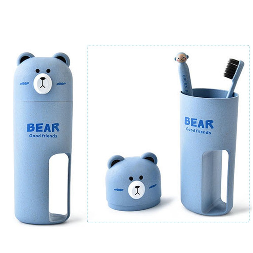 Travel Toothbrush holder and toothbrush Set，Bear Portable Business Wash Cup Holder (blue)