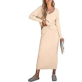 ANRABESS Women's 2 Piece Outfits Sweater Skirt Sets Casual Long Sleeve V Neck Ribbed Knit Tops Midi Dress 2025 Fall Fashion