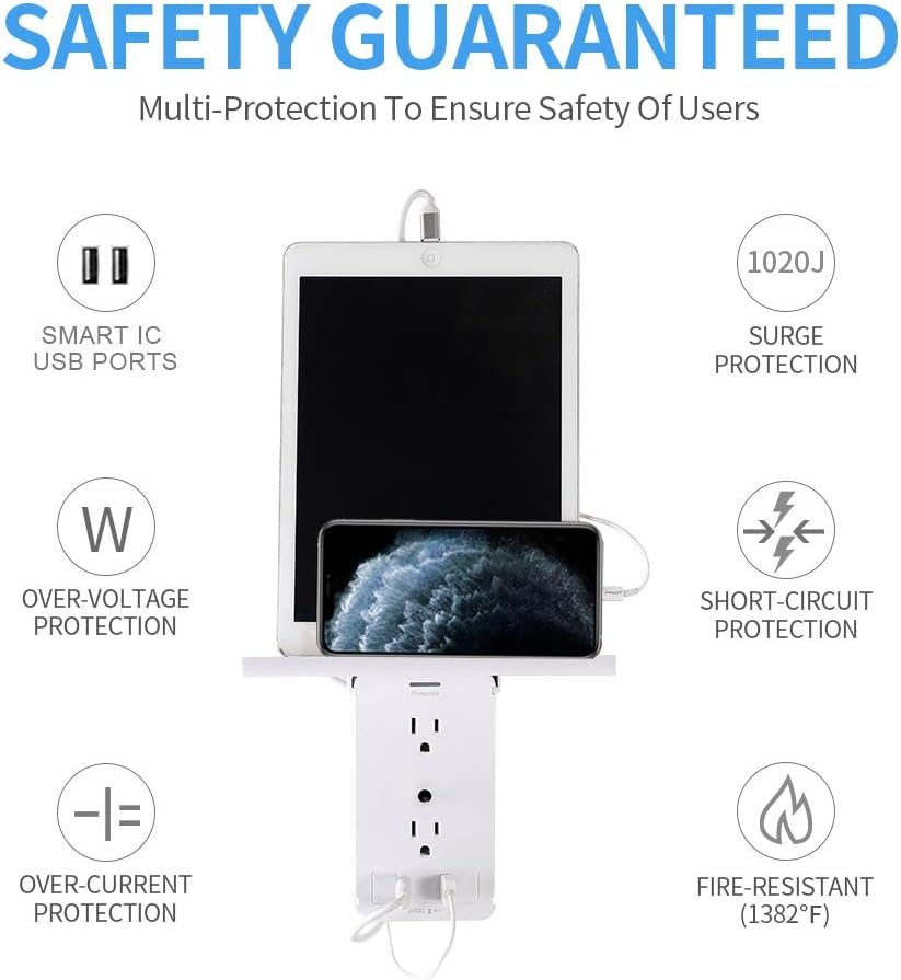 Socket Wall Shelf-CFMASTER 10 Port Surge Protector Wall Outlet, 8 Electrical Outlet Extenders and 2 USB Ports 2.4A, with Removable Built-In Shelf and LED Indicator, FCC Listed, White - - 