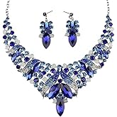 Qlavoca Rhinestone Crystal Rib Statement Necklace Earrings Charming Spark Chunky Collar Necklace Earrings Set Women Fashion Jewelry Accessories