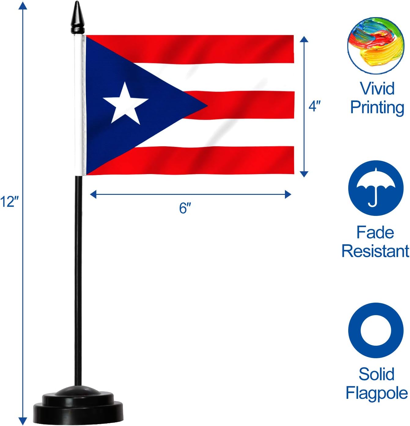 ANLEY Puerto Rico Deluxe Desk Flag Set - 6 x 4 Inch Miniature Puerto Rican Desktop Flag with 12" Solid Pole - Vivid Color and Fade Resistant - Black Base and Spear Top : Office Products