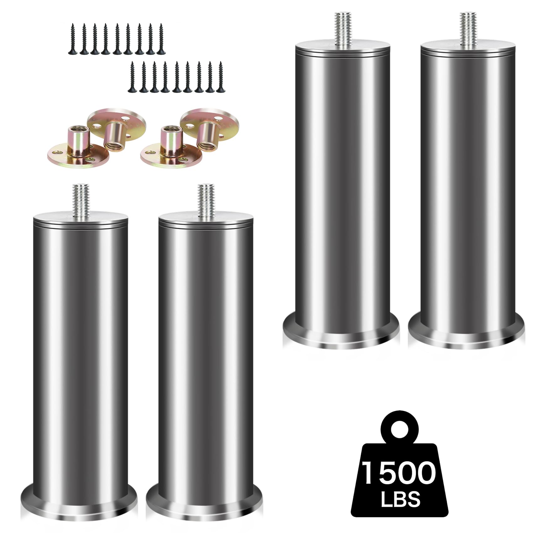 RHUAFET Pack of 4 Classic Round Stainless Steel Furniture Legs, Height Adjustable 3-32 cm, Silver, Screw-In, Non-Slip, For Sofa, Bed, Table, Cabinet
