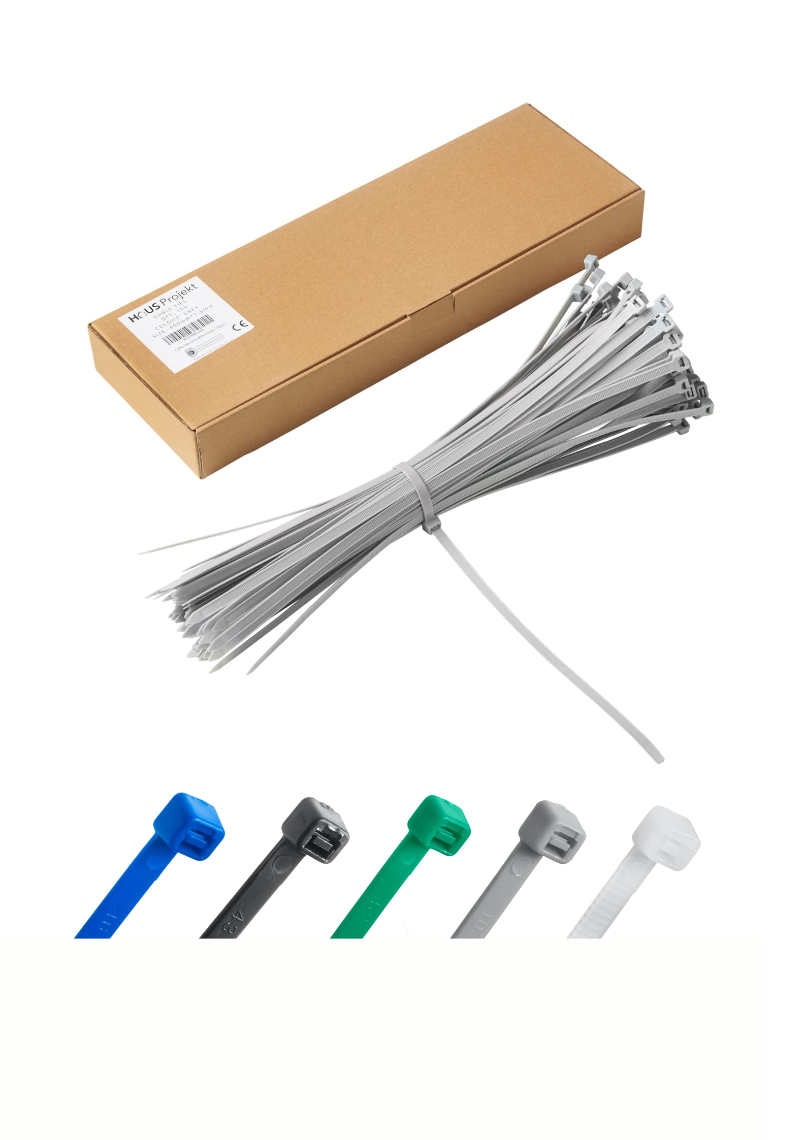 Haus Projekt Grey 400x7.6mm Cable Ties Heavy Duty, 100pcs Premium Industrial Multi-Purpose Plastic Zip Tie Wraps, Indoor and Outdoor Use, Cable Management, Wires, Office, Garden, Garage, Workshop