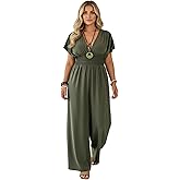 winkbay Women's Plus Size Deep V Neck Short Sleeve Jumpsuits Summer Shirred Wide Leg Vacation Rompers