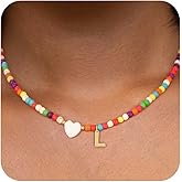 ZZLAY Colorful Beaded Initial Necklace for Girls - Trendy Handmade Choker Necklace with Stainless Steel Letter Charm and Heart Pendant, Bohemian Initial Necklace Jewelry Gift for Women and Teen Girls