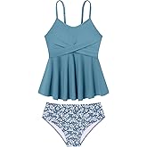 Girls Swimsuit 2 Piece Criss Cross Tankini Sets Ruffle Bathing Suit with Adjustable Strap Girls' Swimwear 6-14Y