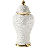 Ginger Jars for Home Decor, White and Gold Vase, Decorative Ceramic Ginger jar with lid, Porcelain Flower Vase for Centerpieces Jarrones, Storage jar, Table Center Vase, Temple Jar(12in)
