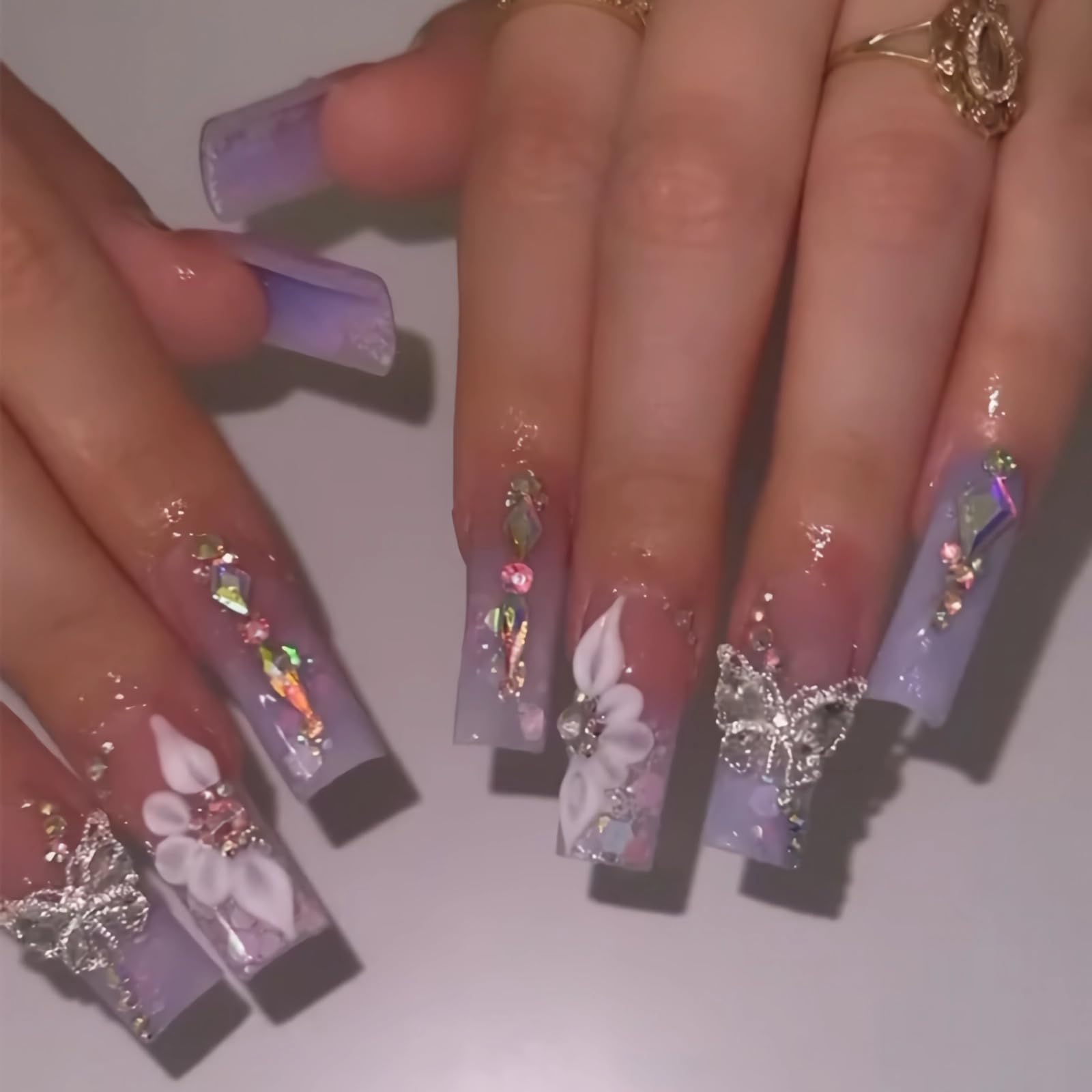 BABALAL Purple Press on Nails Long Square Fake Nails Butterfly Design Glue on Nails 3D Flower Charm Acrylic Nails 24Pcs Bling Squoval Luxury Full Cover False Nails
