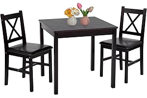 FDW | 3-Piece Solid Wood Dining Table | Dark Brown | Pine Kitchen Table with Upholstered Chairs | Space-Saving Design | Smooth Easy-to-Clean Surface | for Dining Room, Apartment, Restaurant