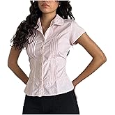 Women Y2k Short Sleeve Button Down Shirts Casual V Neck Button Up Top Vintage Slim Fit Collared Going Out Blouse
