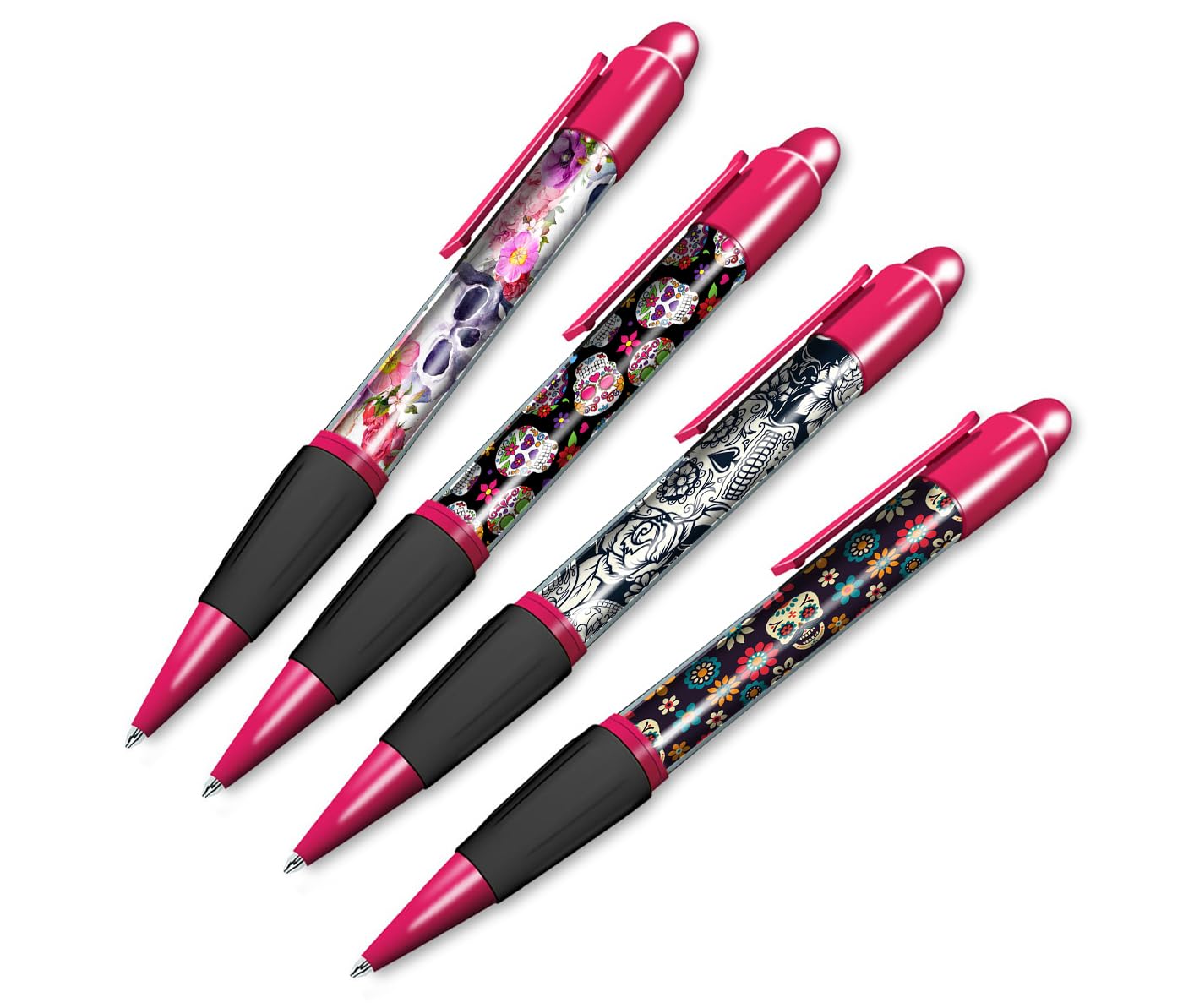 DV DESIGN Set of 4 Sugar Skulls Pink Ballpoint Pens - Mexican Day of the Dead Cartoon Pattern Floral Themed Boys Girls Men Women Pen Gift #79608