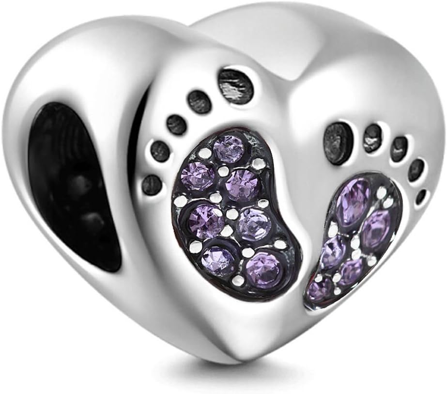 925 Sterling Silver Heart Charm Baby Charm Footprint Charm Birthday Charm Birthstone Charm Anniversary Charm for Pandora Charms Bracelet (Purple)