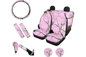FKELYI Pink Camo Car Seat Covers Full Set for Front&Back Seat Protector,Camouflage Hunting Gear Shift Cover&Handbrake Cover,Stretch Steering Wheel Cover,Seat Belt Pads,Cup Coasters