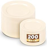 WDF 200PCS Ivory Plastic Plates - Elegant Ivory Disposable Plates for Party- Include 100 Dinner Plate 10’’ and 100 Plastic Dessert Plate 7’’ Perfect for Wedding/Party/Valentine's Day