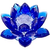 Amlong Crystal 3 Inch Sapphire Blue Crystal Lotus Flower Feng Shui Home Decor with Gift Box